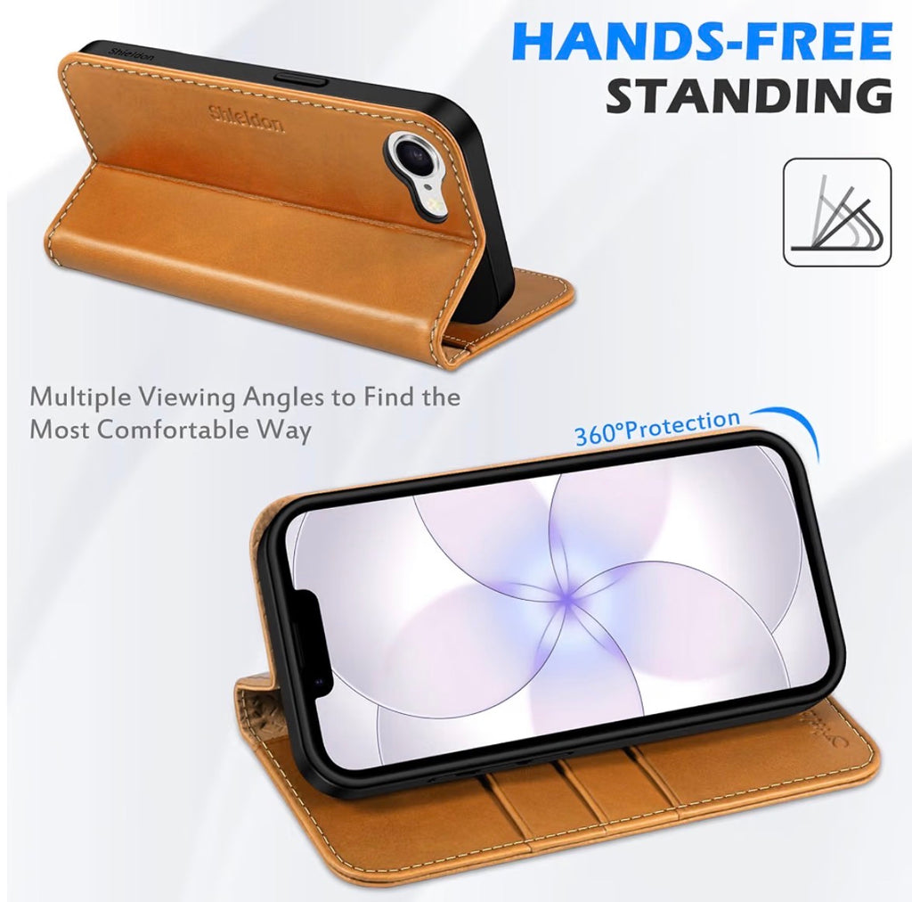 Genuine Leather Case Wallet for iPhone 17e/16e, Retro Light Brown, Flip Magnetic Cover, RFID Blocking, Credit Card Holder, Kickstand, Book Design, Shock-Absorbent Phone Cover