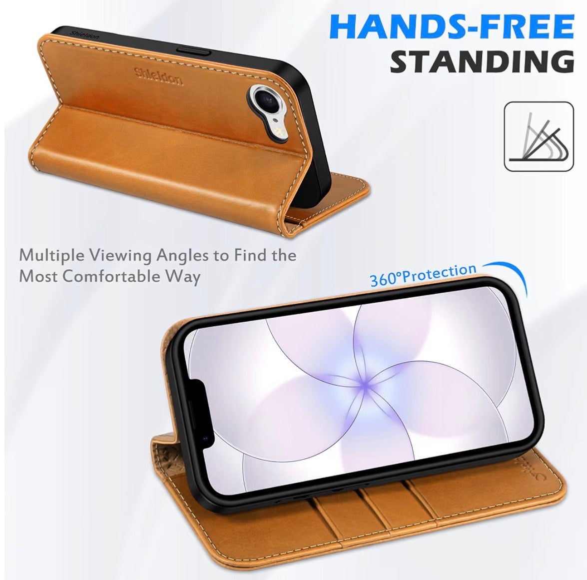 Genuine Leather Case Wallet for iPhone 17e/16e, Retro Light Brown, Flip Magnetic Cover, RFID Blocking, Credit Card Holder, Kickstand, Book Design, Shock-Absorbent Phone Cover