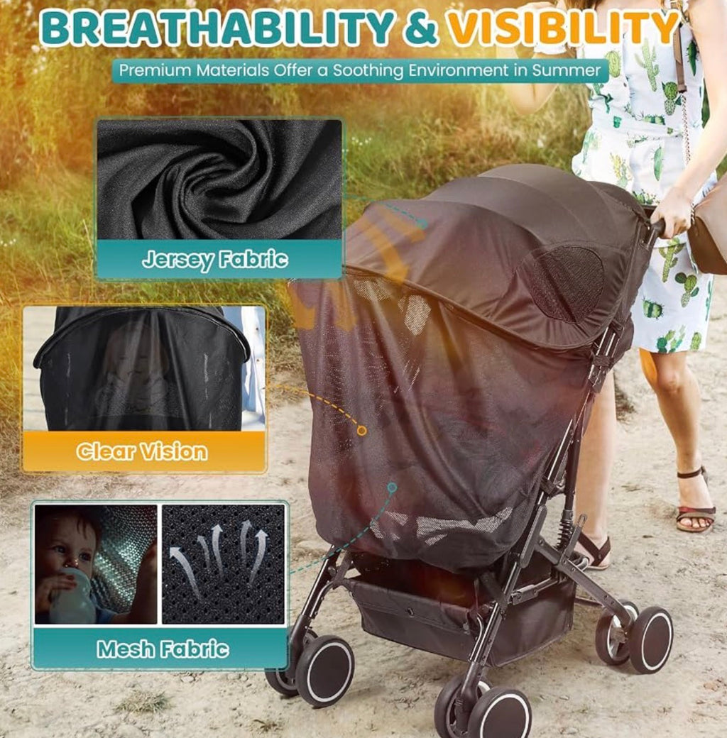 Stroller Sun Shade Cover - Universal Fit Sun Protection, Black, Removable Stroller Shade Extender with Zipper, Breathable & Stable, Block UV, All-around Protection for Summer