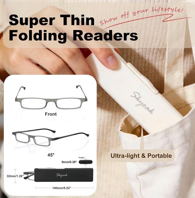 2 Pack Ultra Thin Lightweight Folding Reading Glasses for Women, TR90 Compact Anti Blue Light/Eyestrain Computer Readers, Foldable Unique Stretchable Slim Flat Case, Gunmetal and Clear +2.5