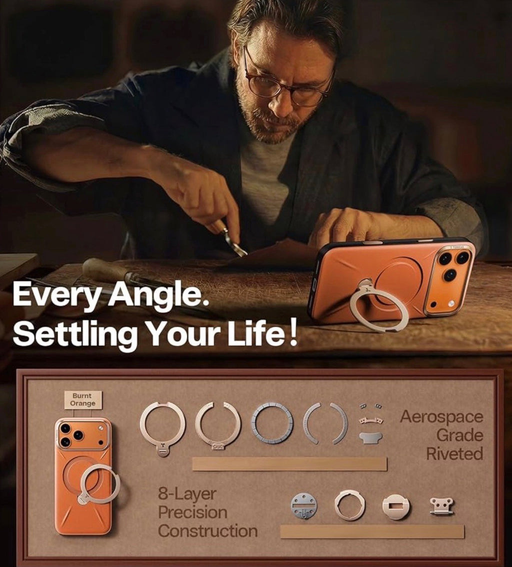 TORRAS - Q3 VegSkin for iPhone 17 Pro Max Case Leather, 360 Spin Magnetic Stand, Fit for MagSafe, Camera Control, Shockproof Premium Organic Silicone Leather Case for iPhone 17 Pro Max, Burnt Orange