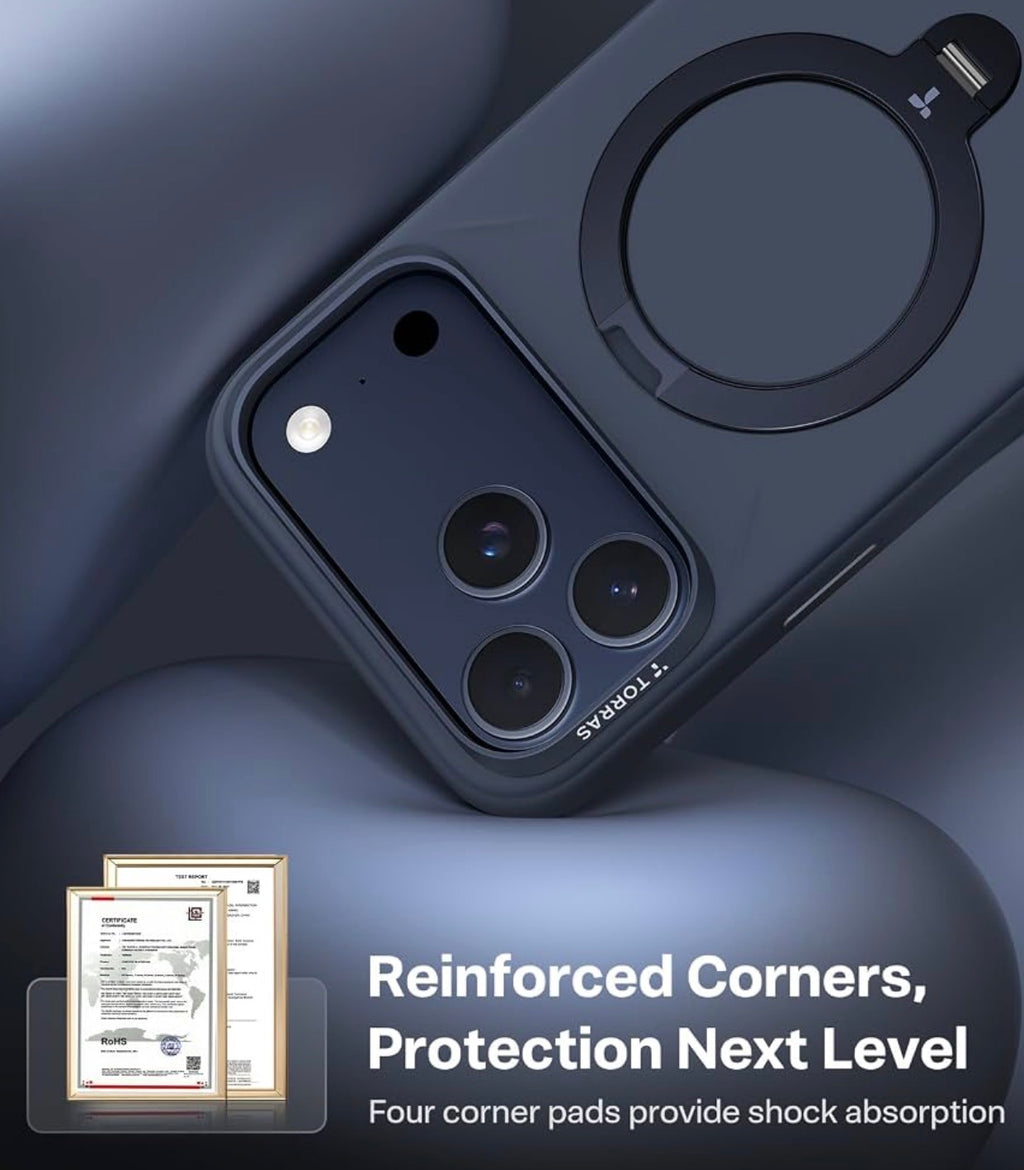 TORRAS Q3 Silicone for iPhone 17 Pro Max Case Magnetic Stand Deep Blue w/Tan Interior, Fit for MagSafe, Liquid Silicone Soft Cozy Grip, 360 Spin Magnetic Stand, Camera Control, Shockproof Protection, Anti-Scratch