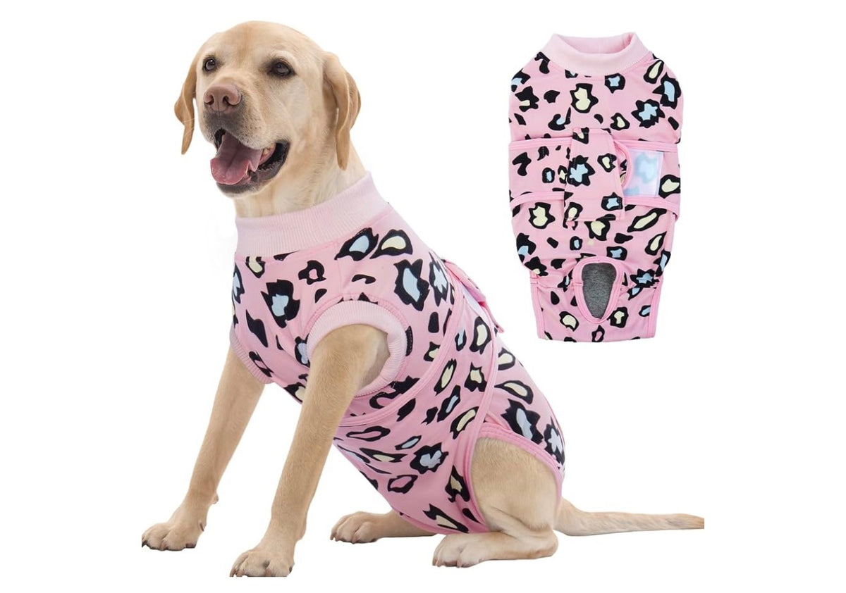 Size XL - Dog Recovery Suit Onesie for Post-Surgery - Pink Leopard Print