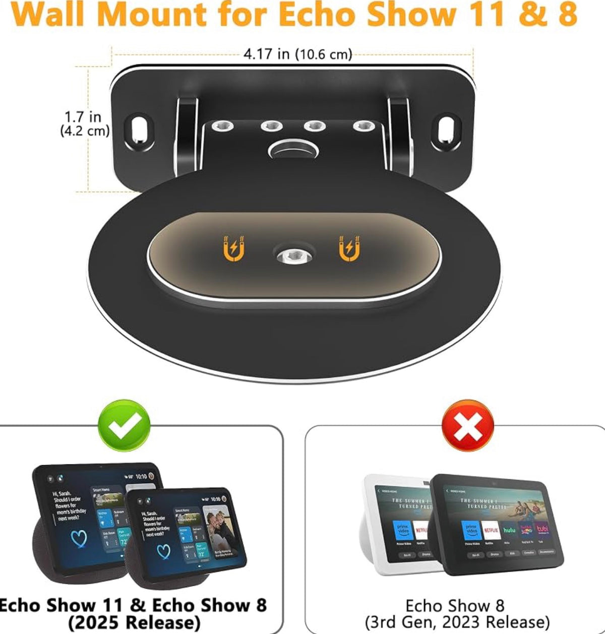Magnetic Wall Mount Shelf Compatible with Echo Show 8 & Echo Show 11 - Black