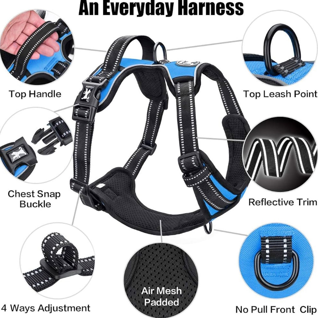 Size XS - Reflective Dog Harness w/Front Clip & Handle - Black & Blue