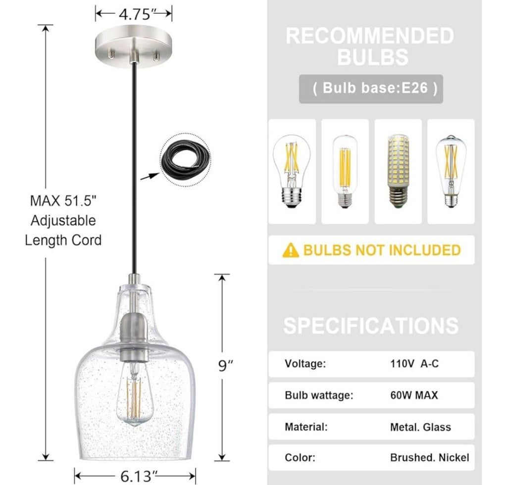 Pack of 3 - Indoor Pendant Lights with Clear Glass - Brushed Nickel *See Details